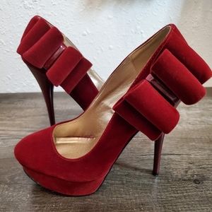 Qupid Red Velvet Bow Platform Stiletto Heels